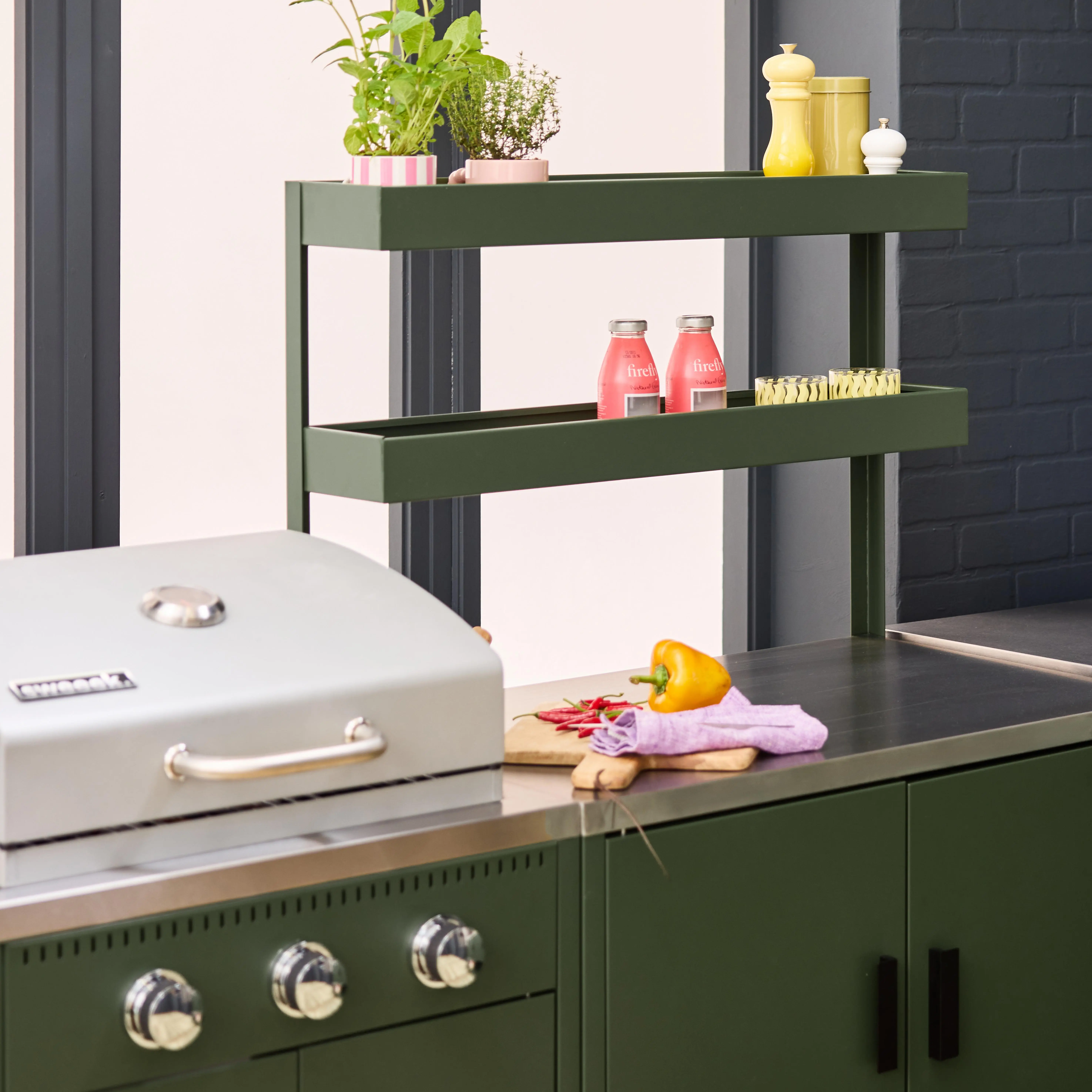 Cuisine d'extérieure 5 modules avec barbecue gaz 3 brûleurs sur pieds, thermomètre