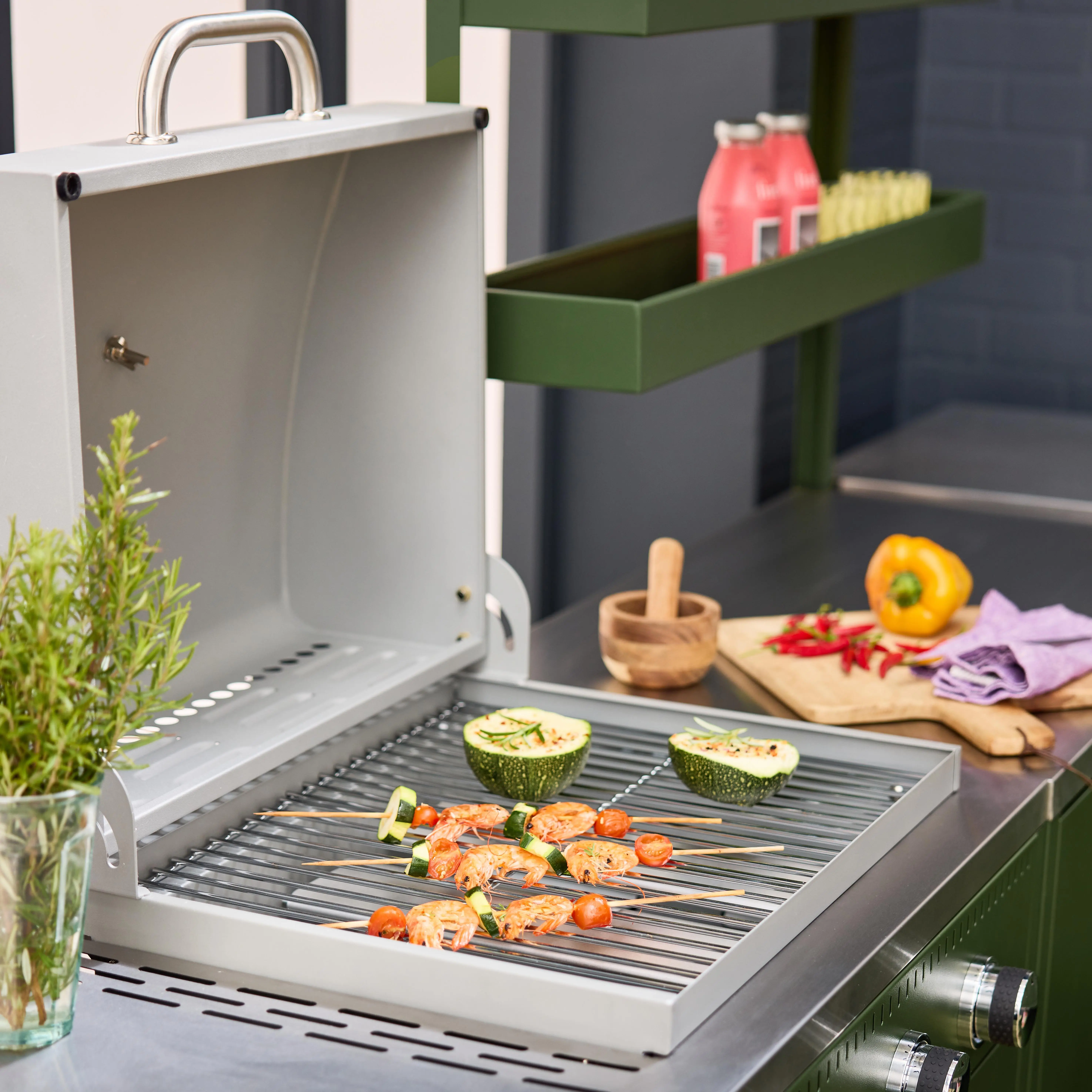 Cuisine d'extérieure 5 modules avec barbecue gaz 3 brûleurs sur pieds, thermomètre