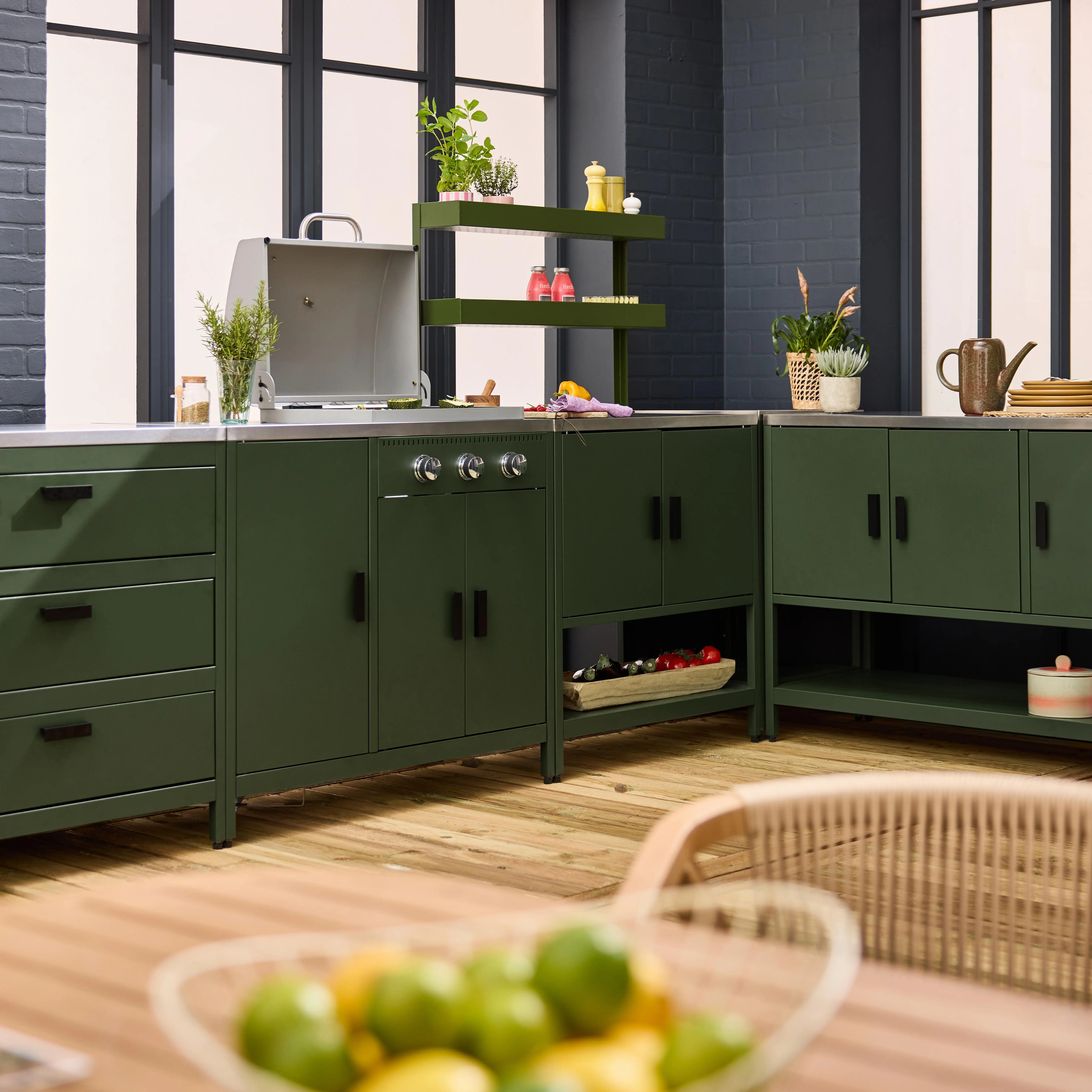 Cuisine d'extérieure 5 modules avec barbecue gaz 3 brûleurs sur pieds, thermomètre