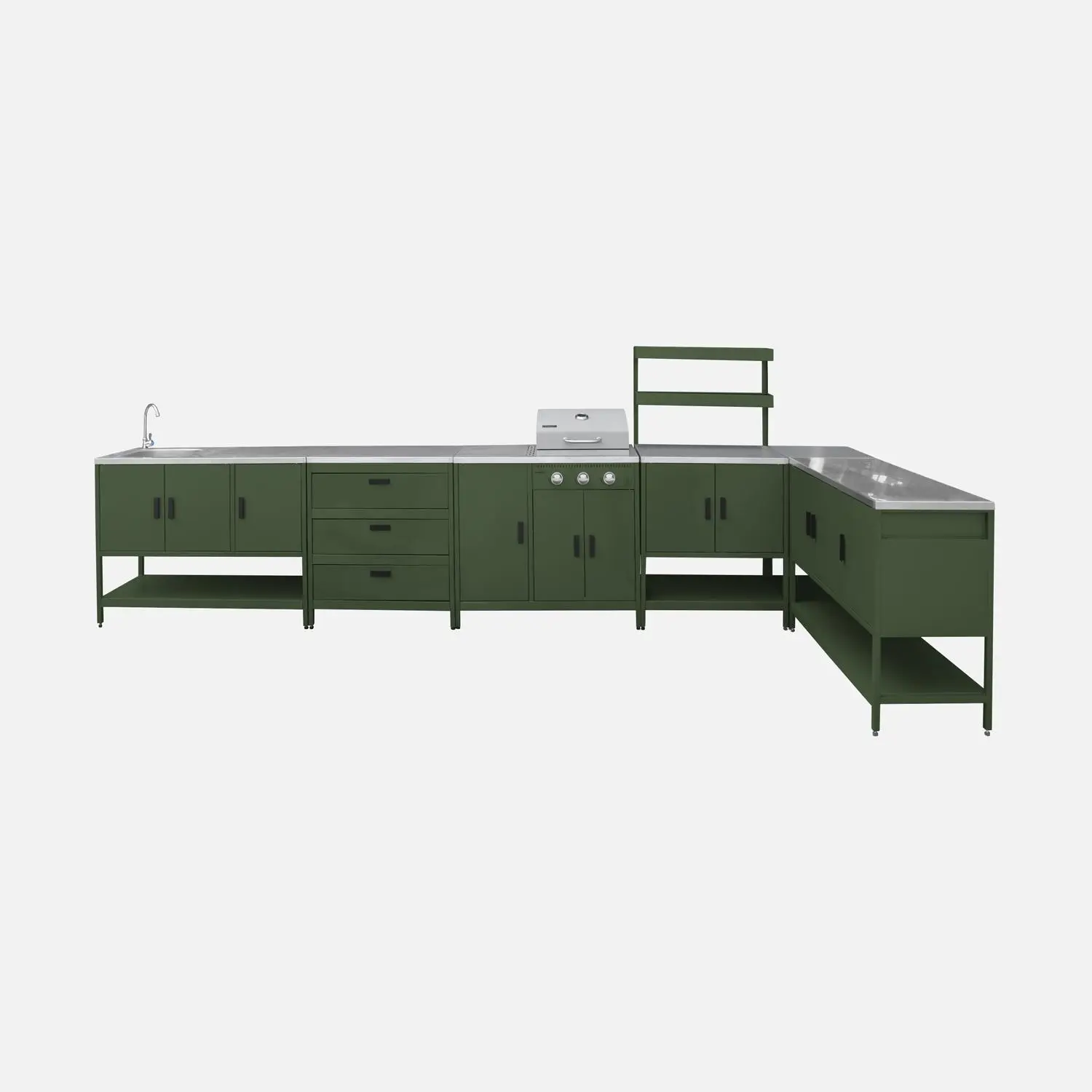 Cuisine d'extérieure 5 modules avec barbecue gaz 3 brûleurs sur pieds, thermomètre