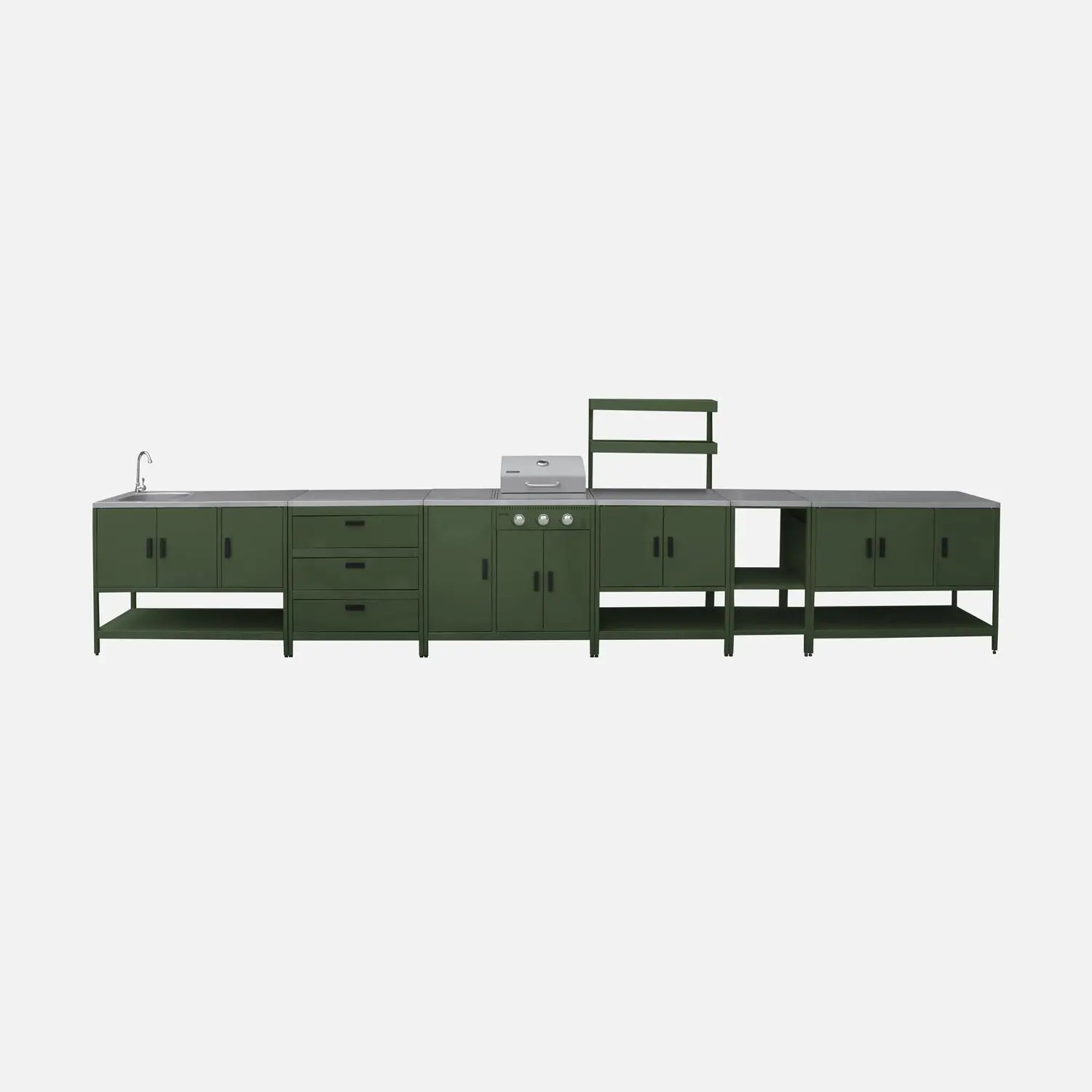 Cuisine d'extérieure 5 modules avec barbecue gaz 3 brûleurs sur pieds, thermomètre