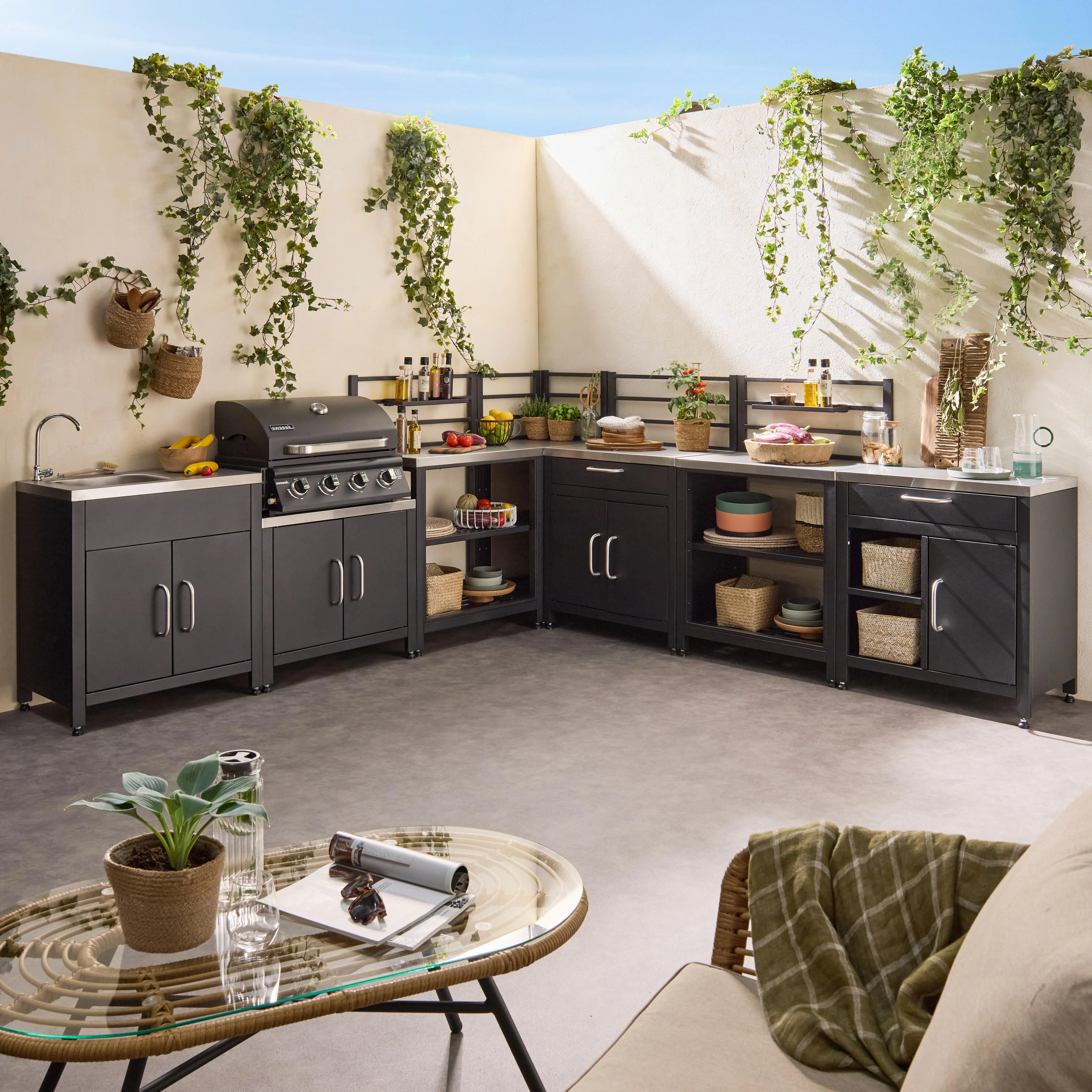 Cuisine d'extérieure 7 modules avec barbecue gaz 4 brûleurs sur pieds, thermomètre