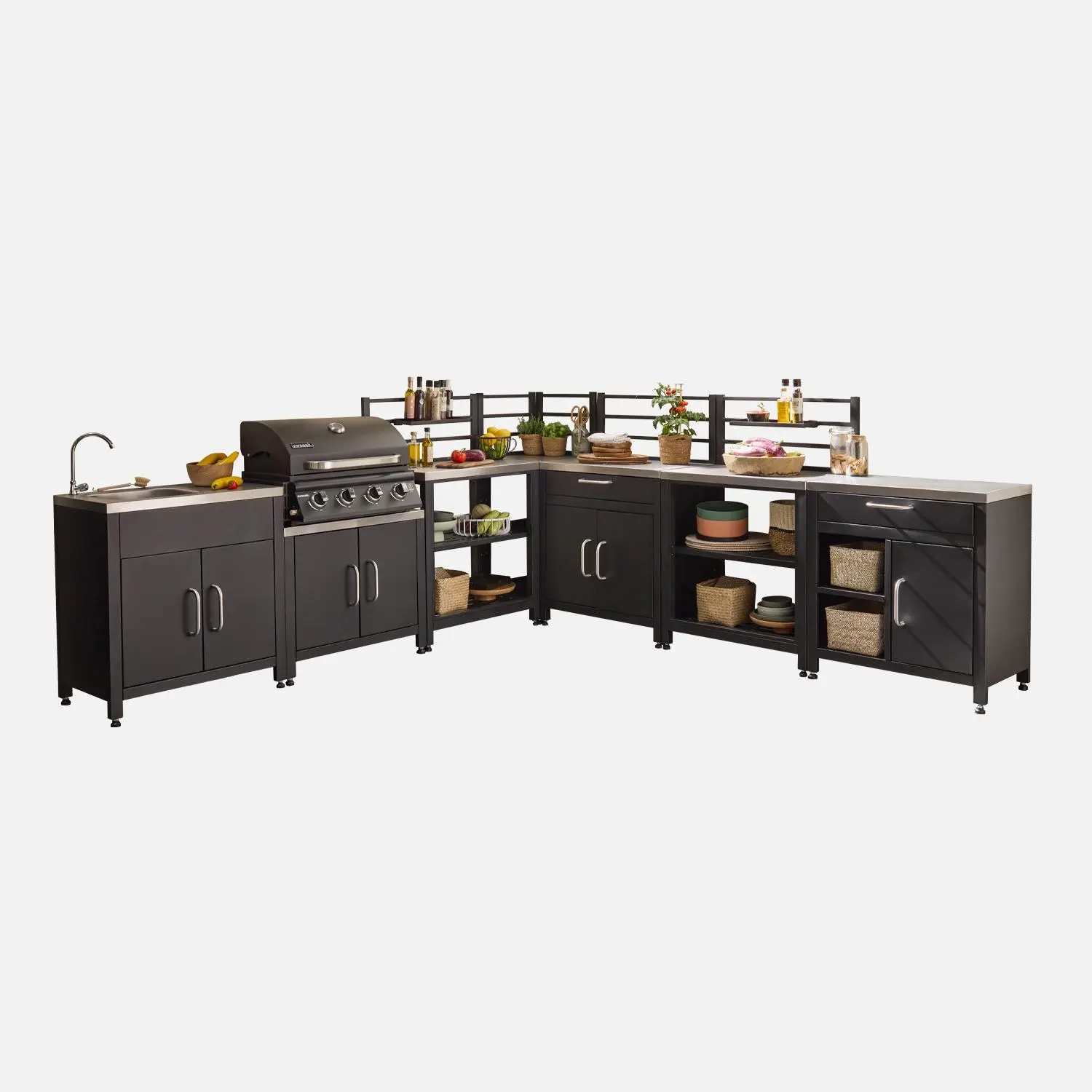 Cuisine d'extérieure 7 modules avec barbecue gaz 4 brûleurs sur pieds, thermomètre