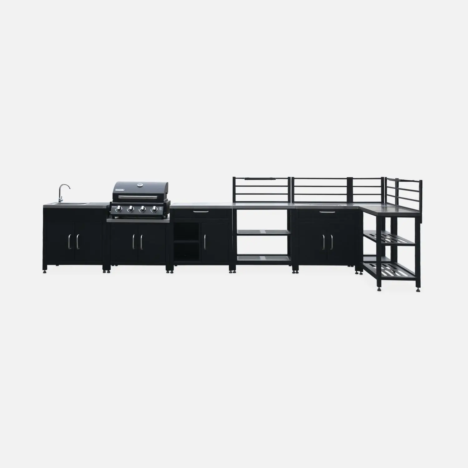 Cuisine d'extérieure 7 modules avec barbecue gaz 4 brûleurs sur pieds, thermomètre