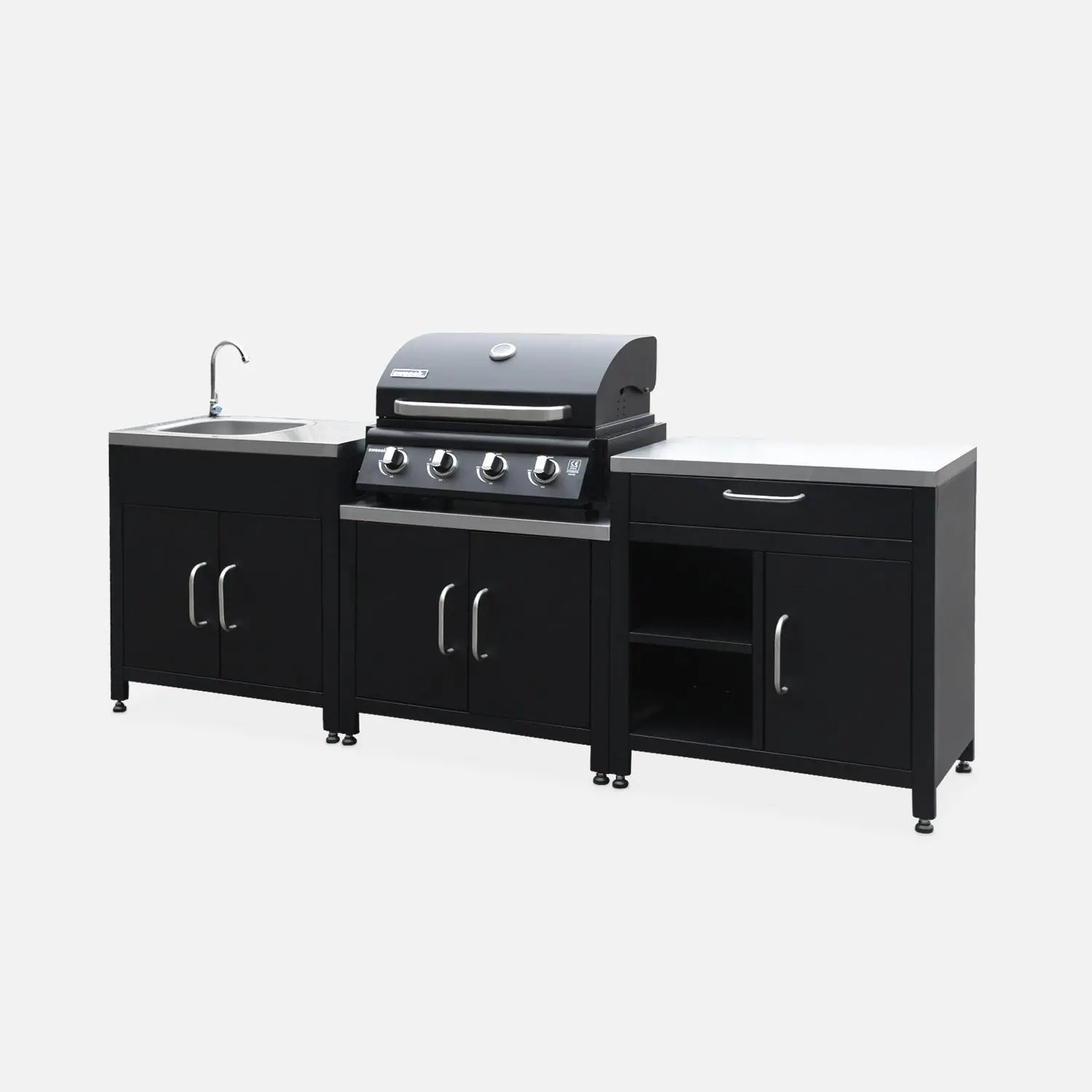Cuisine d'extérieure 7 modules avec barbecue gaz 4 brûleurs sur pieds, thermomètre