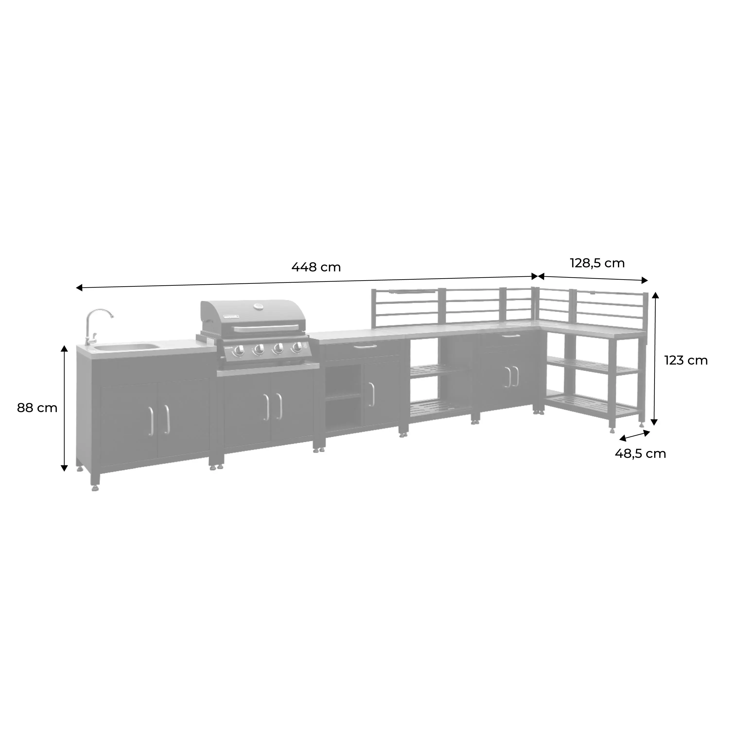 Cuisine d'extérieure 7 modules avec barbecue gaz 4 brûleurs sur pieds, thermomètre