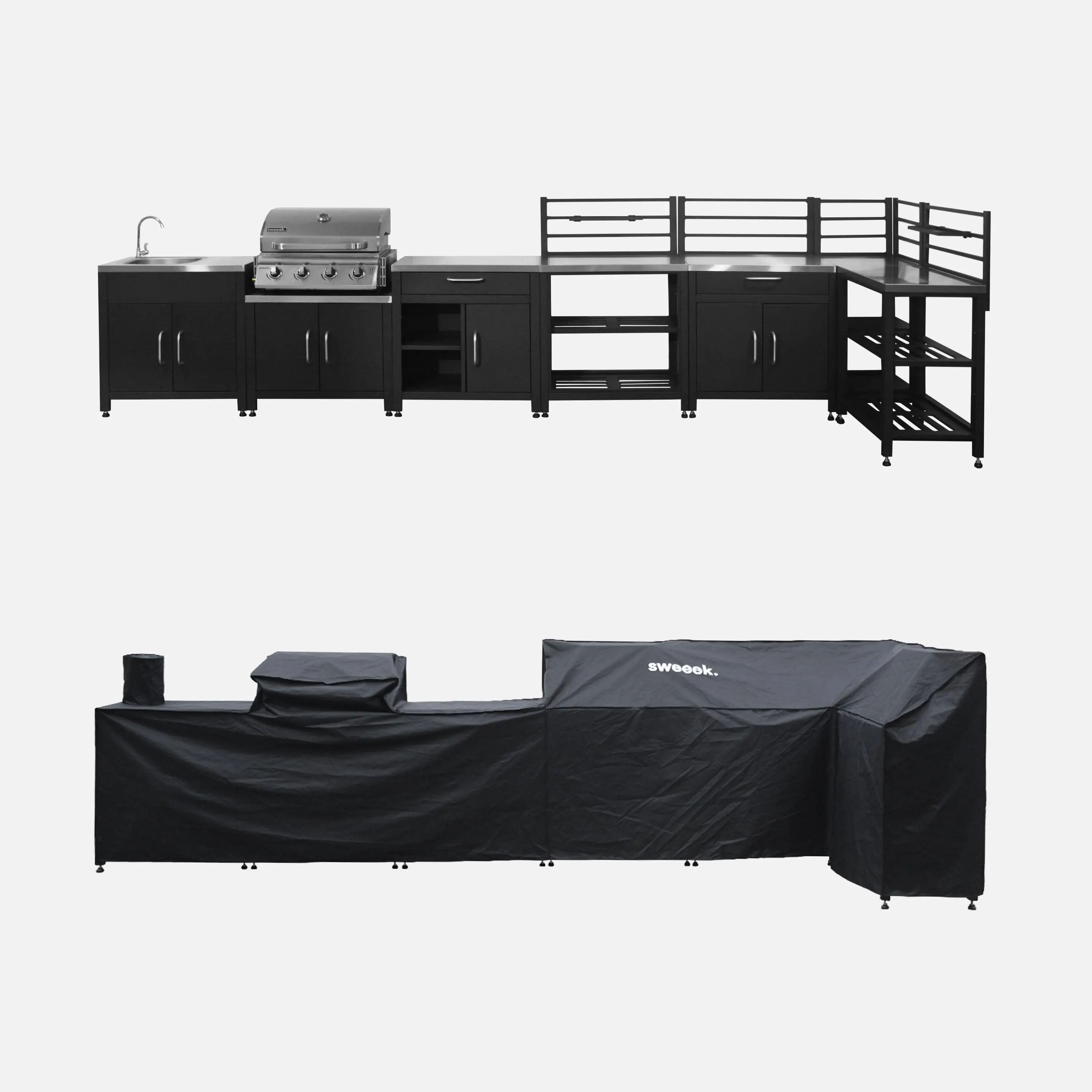 Cuisine extérieure 7 modules acier inoxydable avec barbecue gaz + housse