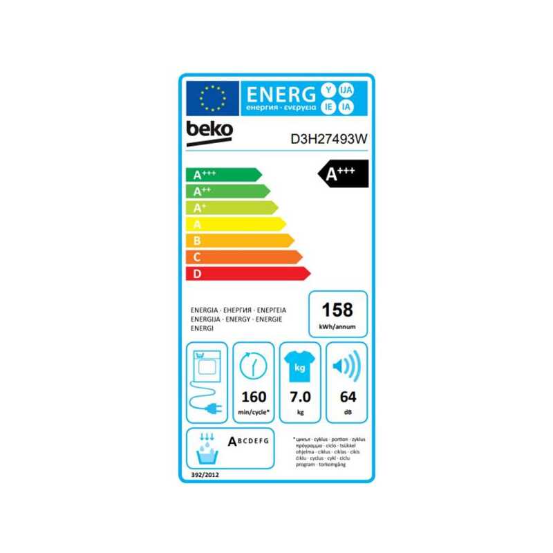 Sèche-linge | Pompe à chaleur / Capteur d'humidité | 7.0 kg | A+++ | Ta BEKO - D3H27493W