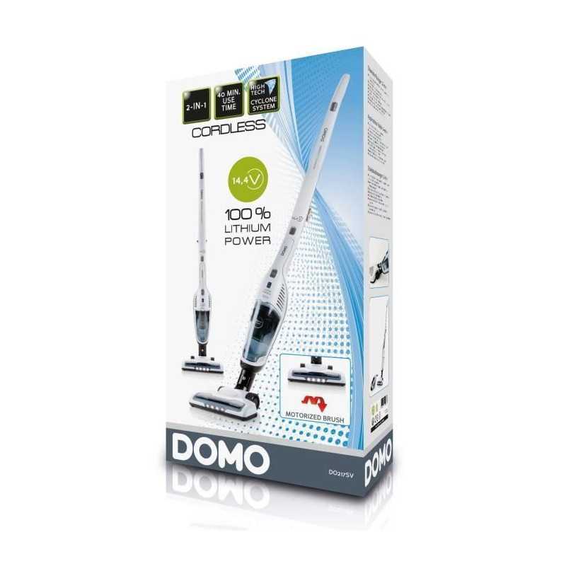 DOMO Aspirateur balai DO216SV - 2 en 1 - Systeme cyclonique - Batterie Li-Ion 14,4 V - Autonomie 40 min - Blanc