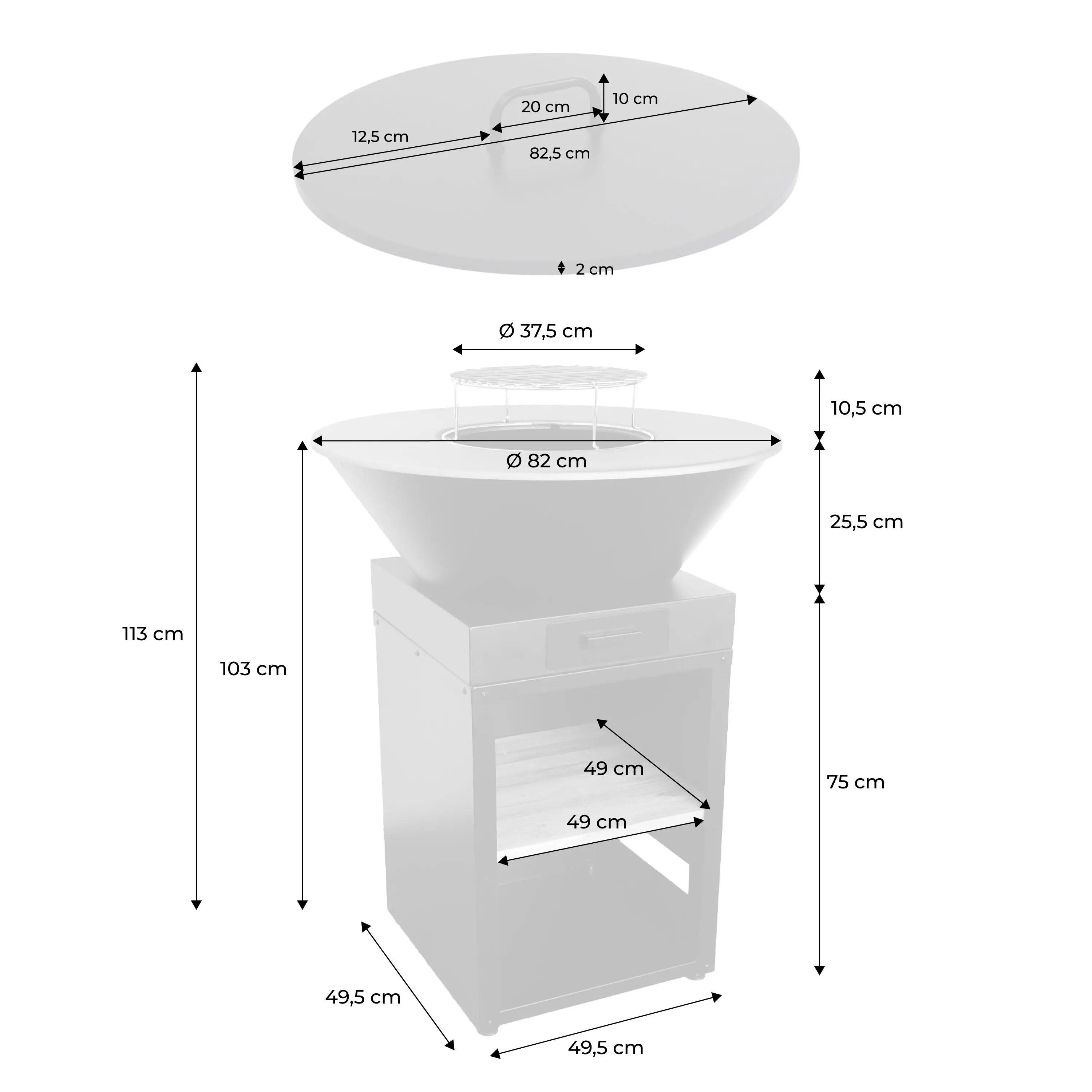 Brasero barbecue Ø81,5cm avec grille de cuisson, espace de rangement et couvercle