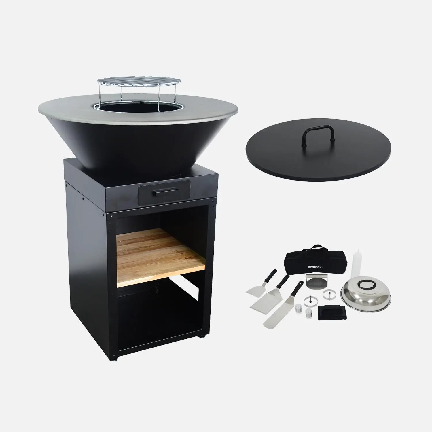 Brasero barbecue Ø81,5cm avec grille de cuisson, espace de rangement, couvercle et ustensiles