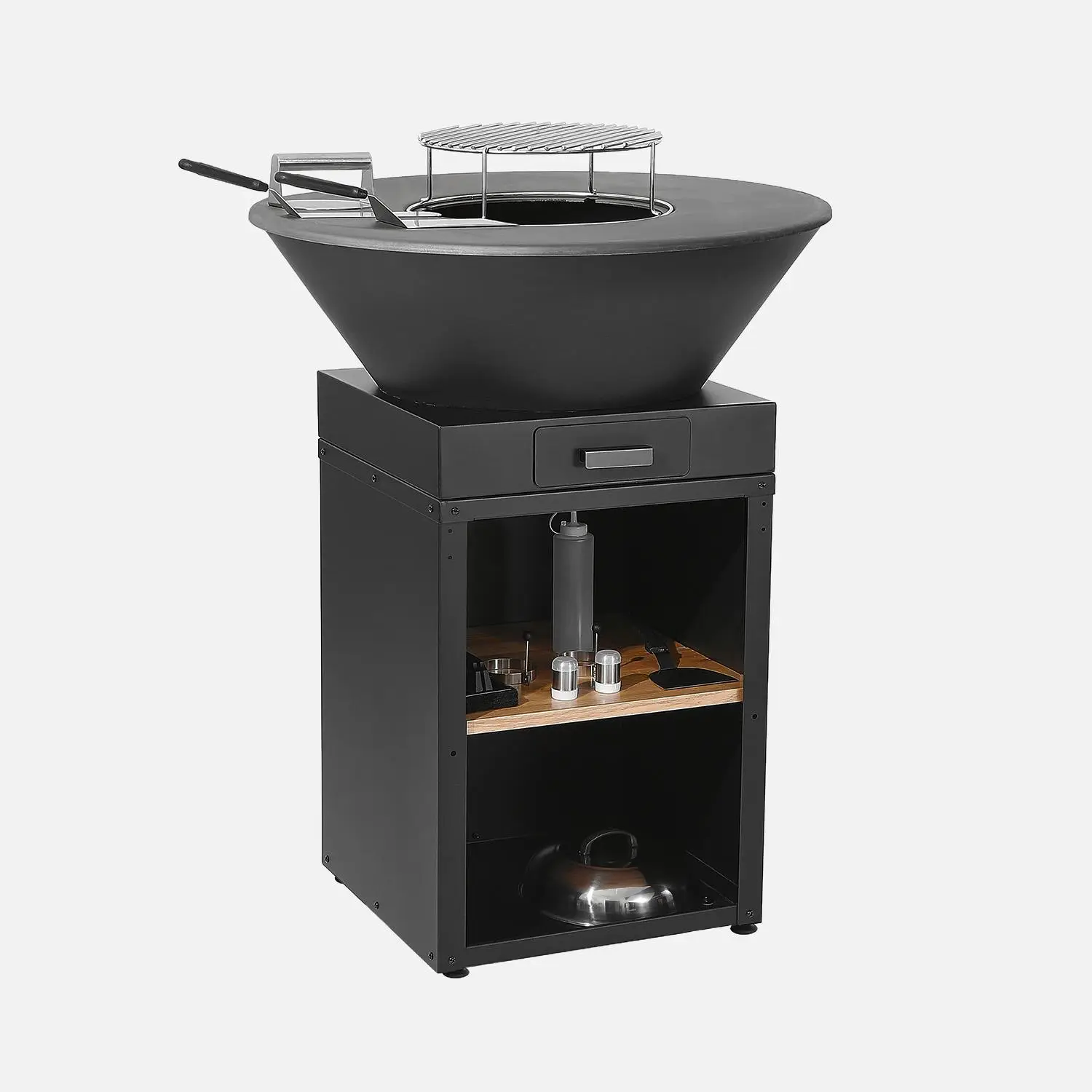 Brasero barbecue Ø81,5cm avec grille de cuisson, espace de rangement, couvercle et ustensiles