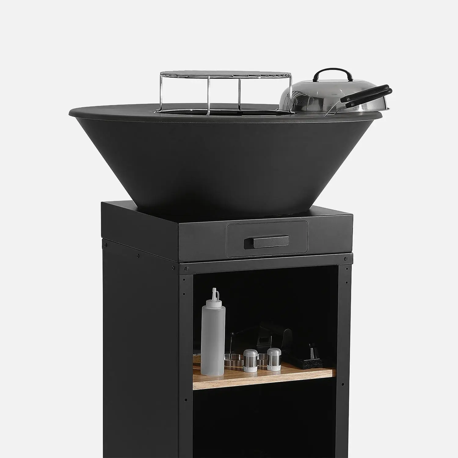 Brasero barbecue Ø81,5cm avec grille de cuisson, espace de rangement, couvercle et ustensiles