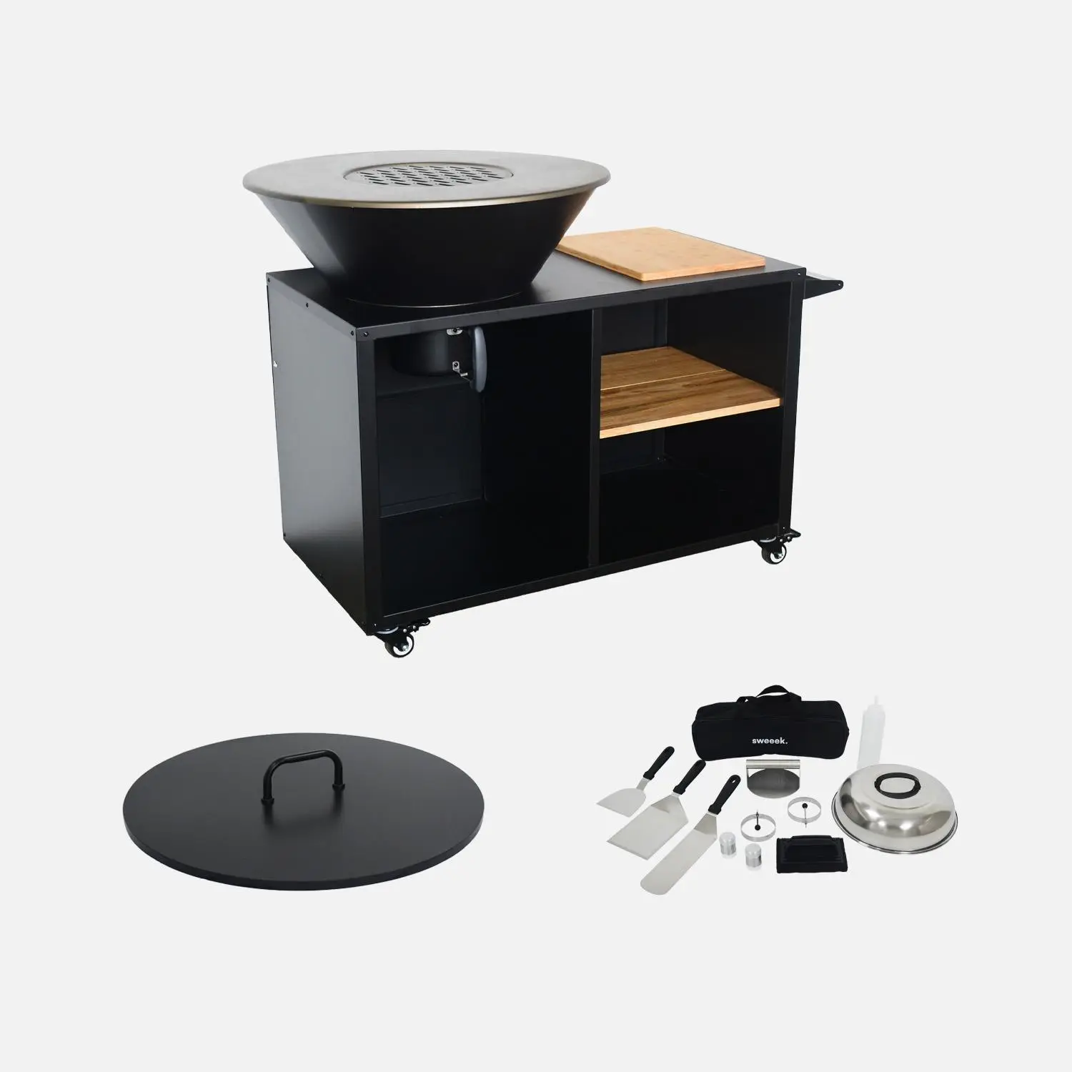 Brasero barbecue Ø80cm, desserte avec espaces de rangement, couvercle et ustensiles