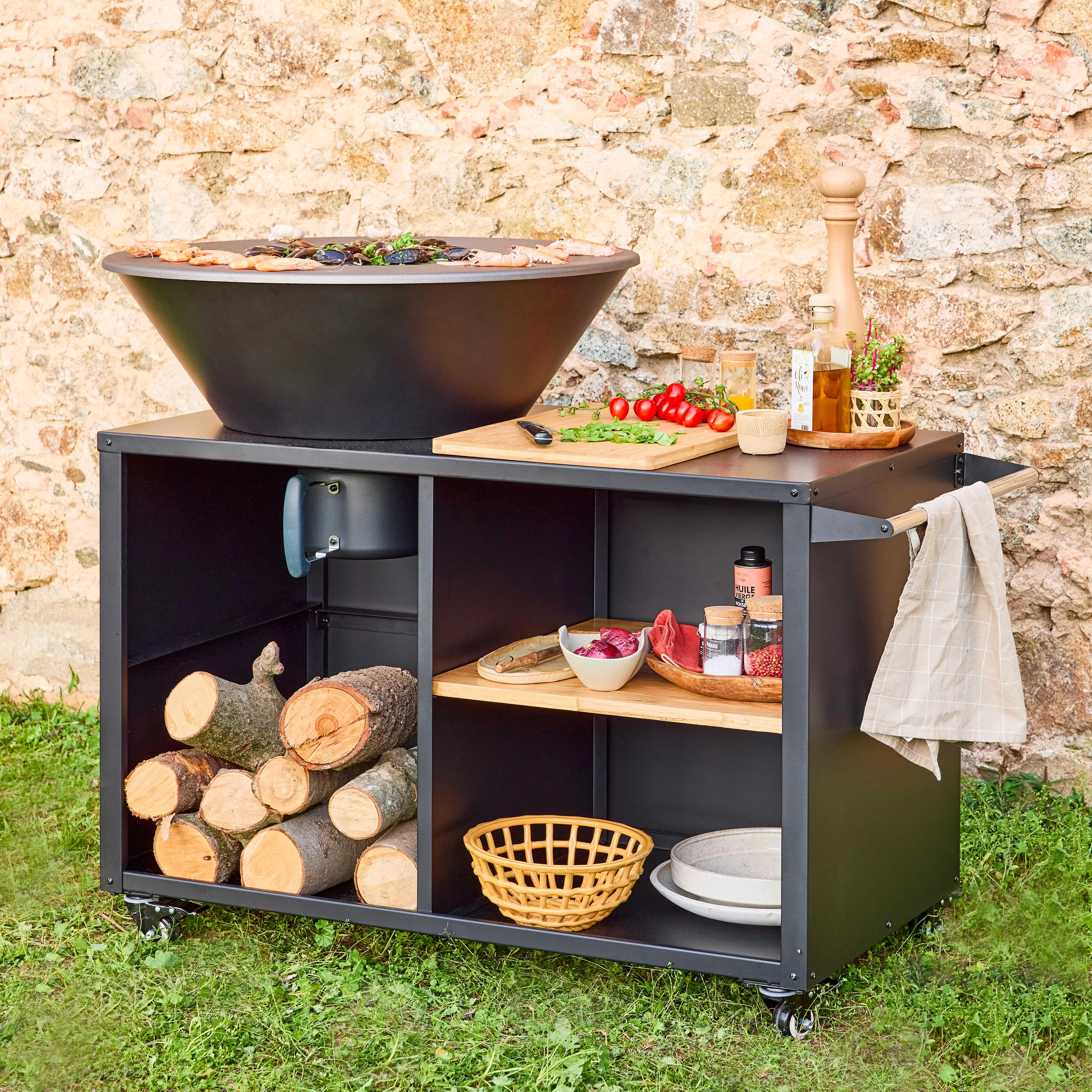 Brasero barbecue Ø80cm, desserte avec espaces de rangement et couvercle
