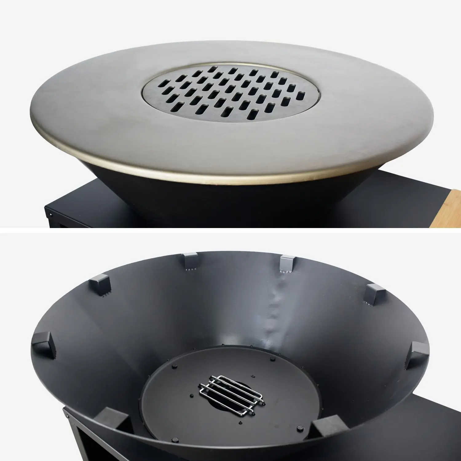 Brasero barbecue Ø80cm, desserte avec espaces de rangement et couvercle
