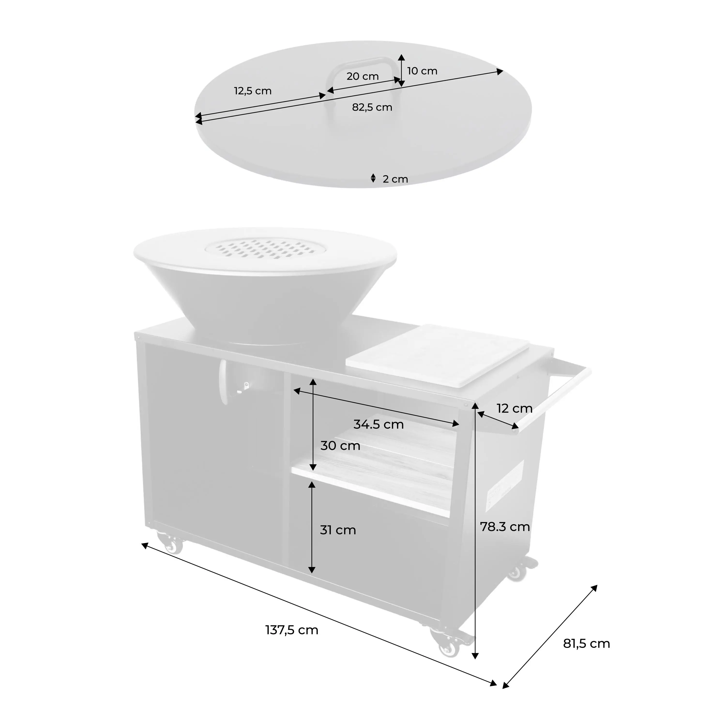 Brasero barbecue Ø80cm, desserte avec espaces de rangement et couvercle