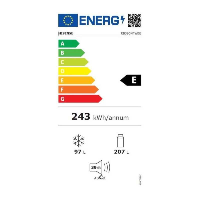 Réfrigérateur combiné - HISENSE - RB390N4WBE - 2 portes - 304 L - Classe E - 59,5 x 59 x 186 cm - Noir