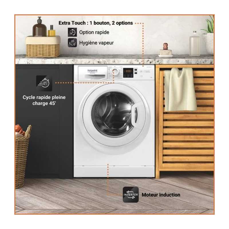 Lave-linge hublot HOTPOINT NS11469FWKFR - 11 kg - Induction - L60cm - 1400 trs/min - Classe A - Blanc