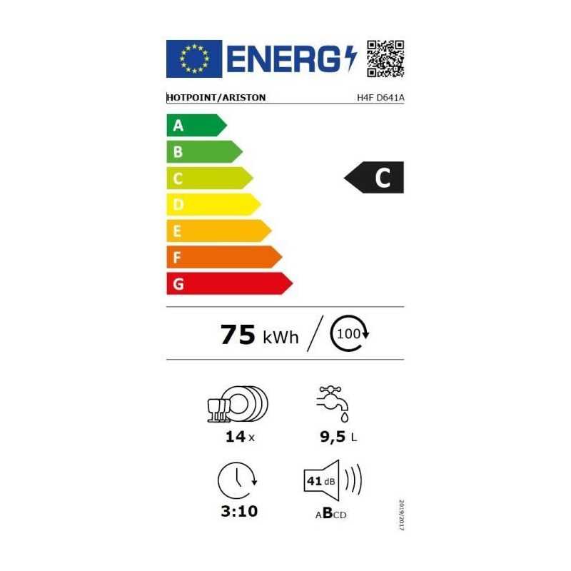 Lave-vaisselle pose libre HOTPOINT H4FD641A - 14 couverts - L60cm - 41 dB - Blanc