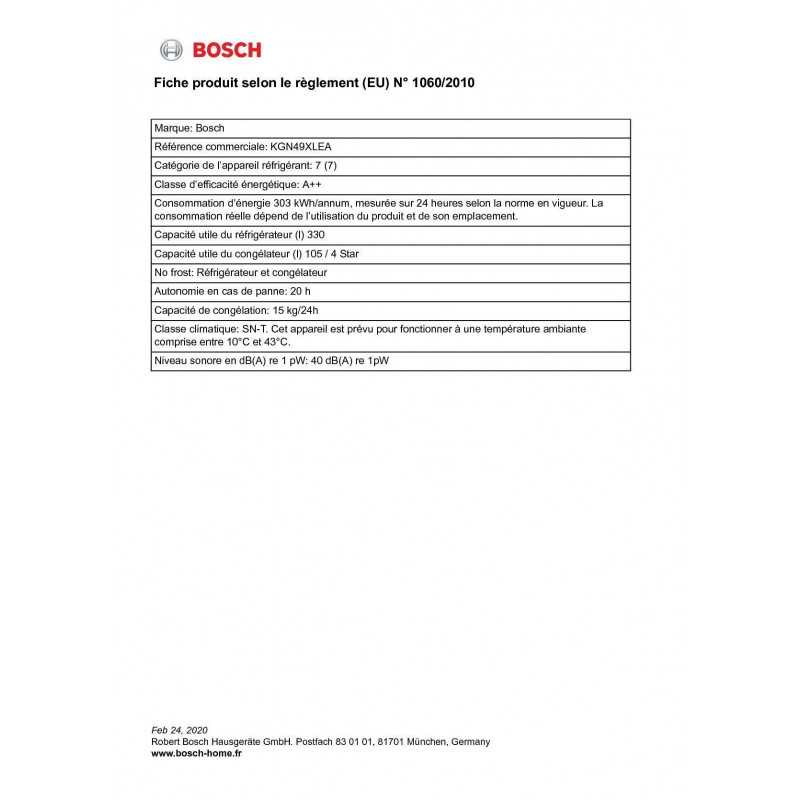Réfrigérateurs combinés 435L Froid Ventilé BOSCH 70cm E, KGN 49 XLEA