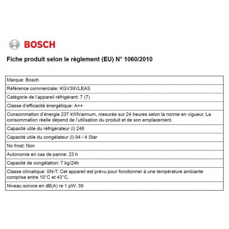Réfrigérateurs combinés 248L Froid Statique BOSCH 60cm E, KGV39VLEAS