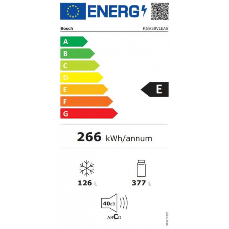 Réfrigérateurs combinés 376L Froid Brassé BOSCH 70cm E, KGV58VLEAS