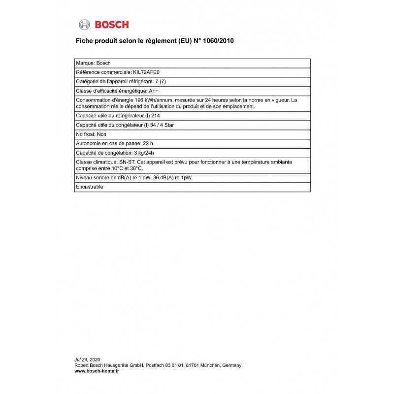 Réfrigérateurs 1 porte 248L Froid Statique BOSCH 55.8cm E, KIL 72 AFE 0