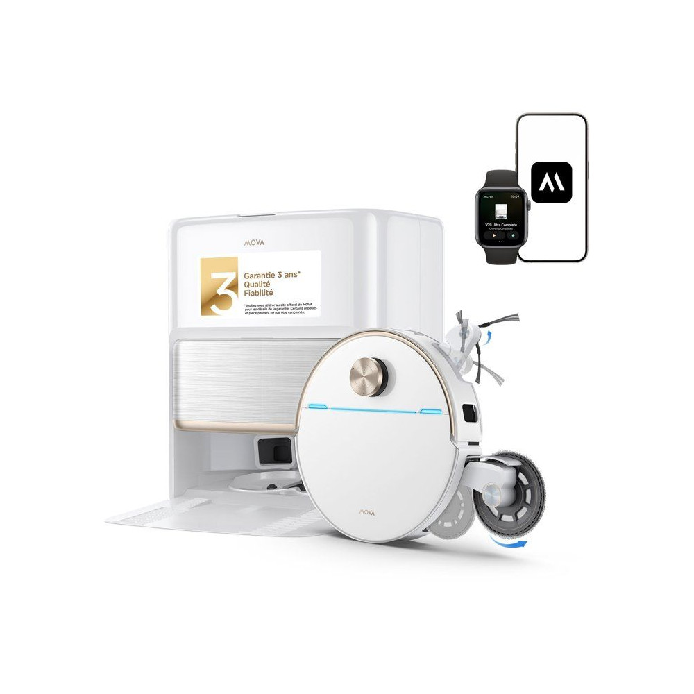 Robot aspirateur laveur - MOVA V70 ULTRA COMPLETE - 40 000 Pa - 140 min - 300 ml - Blanc