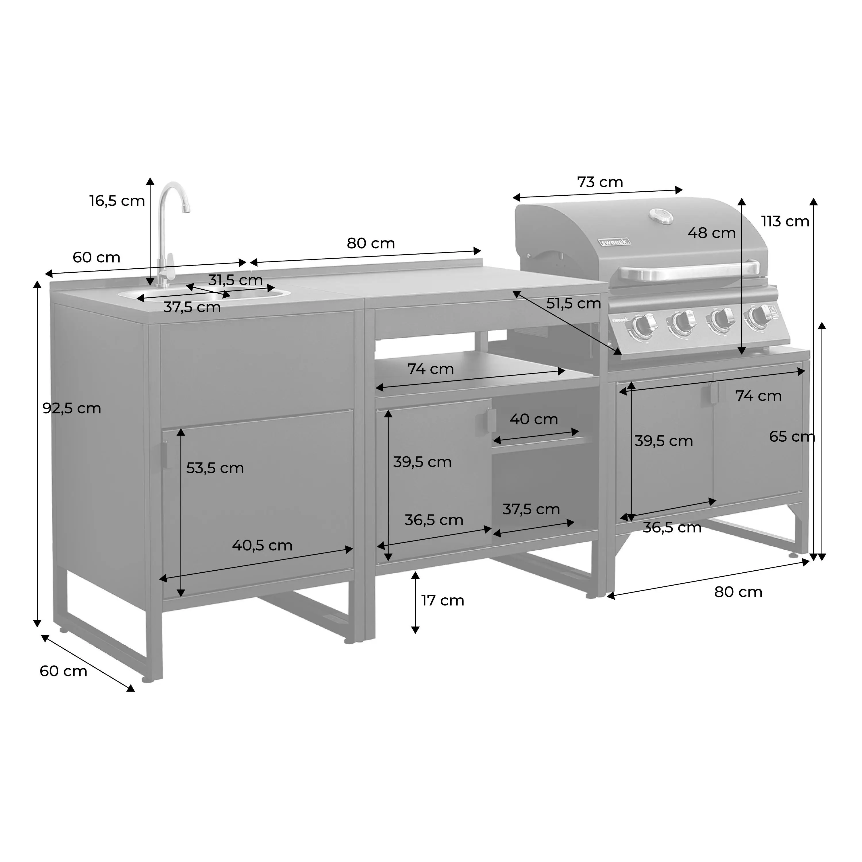 Cuisine extérieure 3 modules acier inoxydable avec barbecue gaz 4 brûleurs