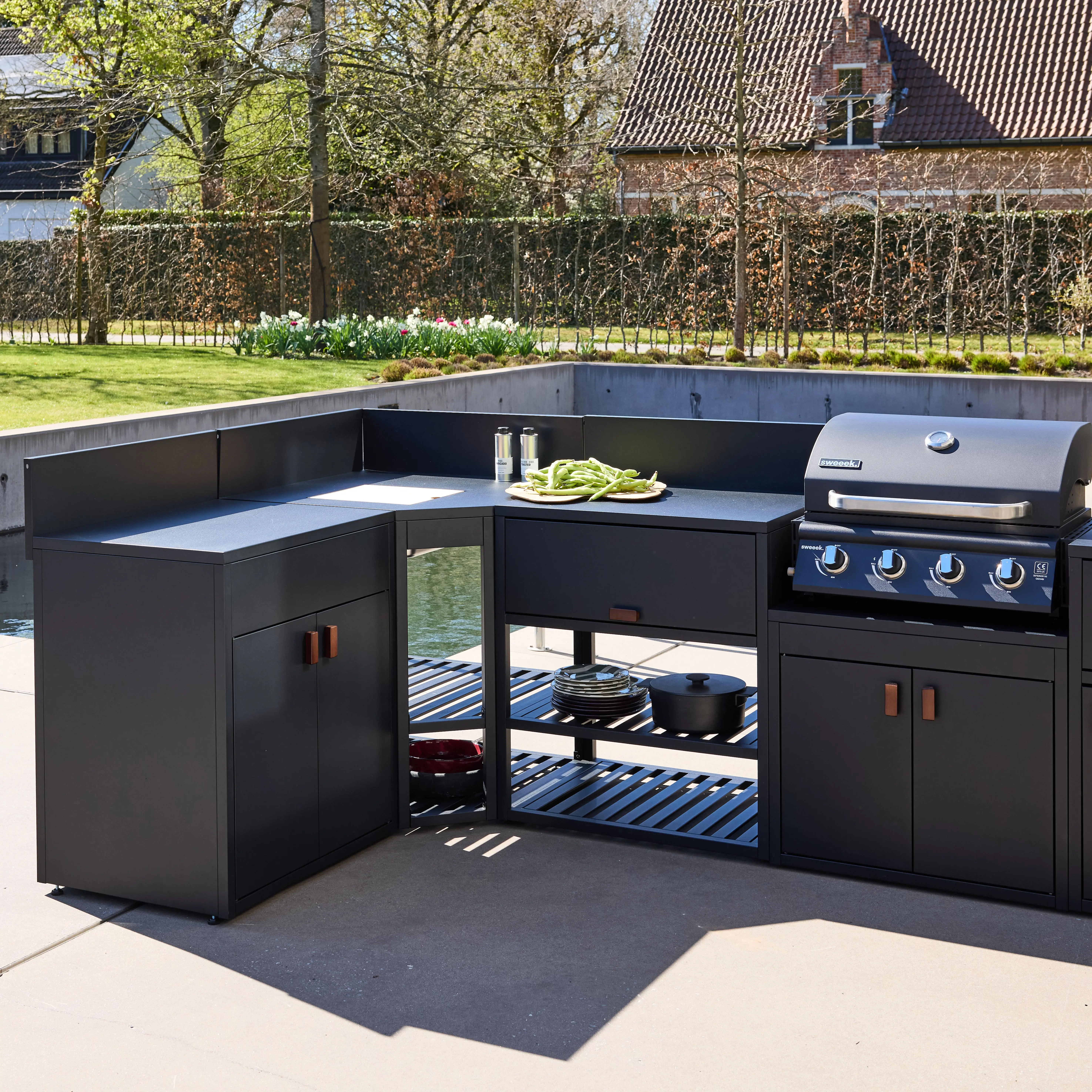 Cuisine extérieure 6 modules acier avec barbecue gaz 4 brûleurs