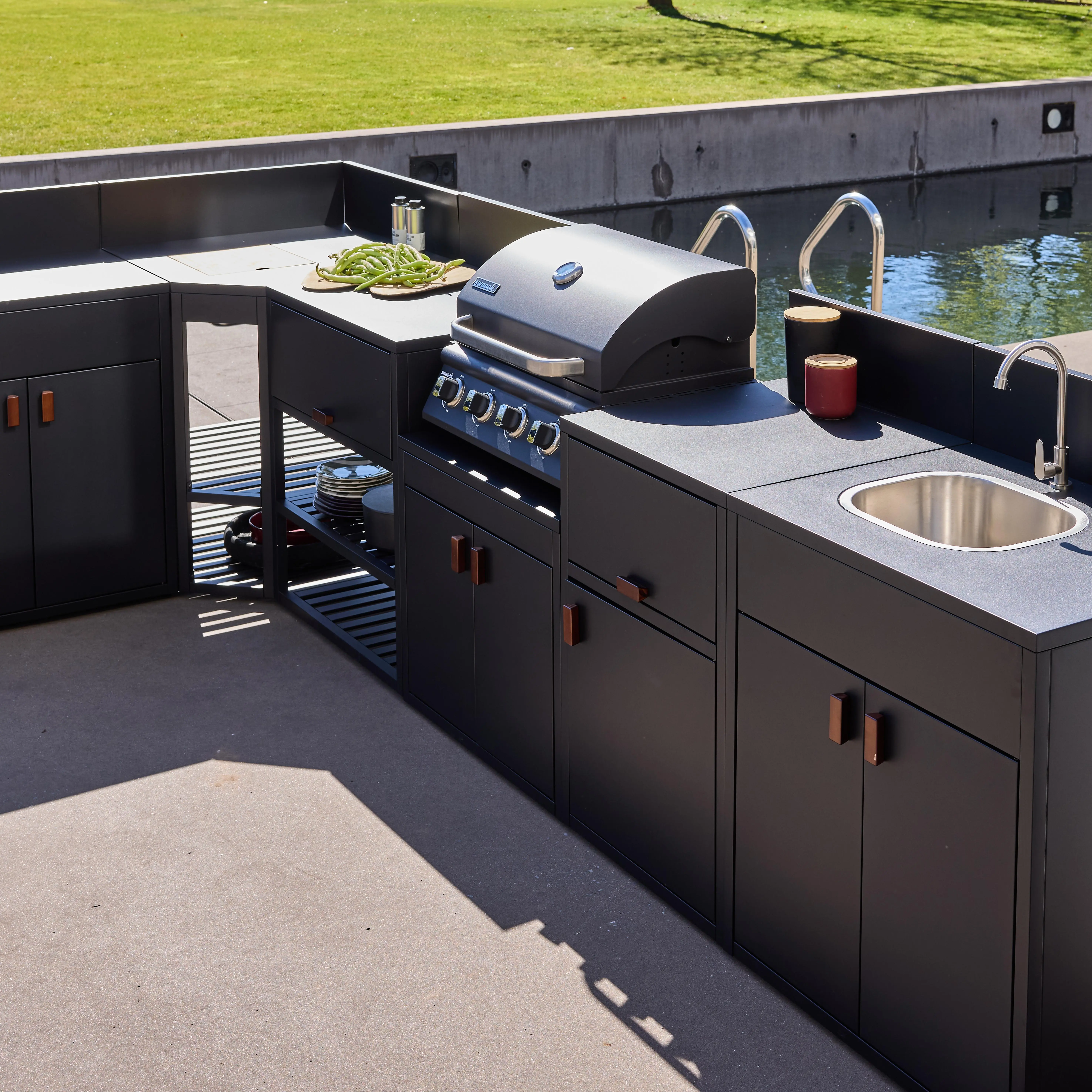 Cuisine extérieure 6 modules acier avec barbecue gaz 4 brûleurs