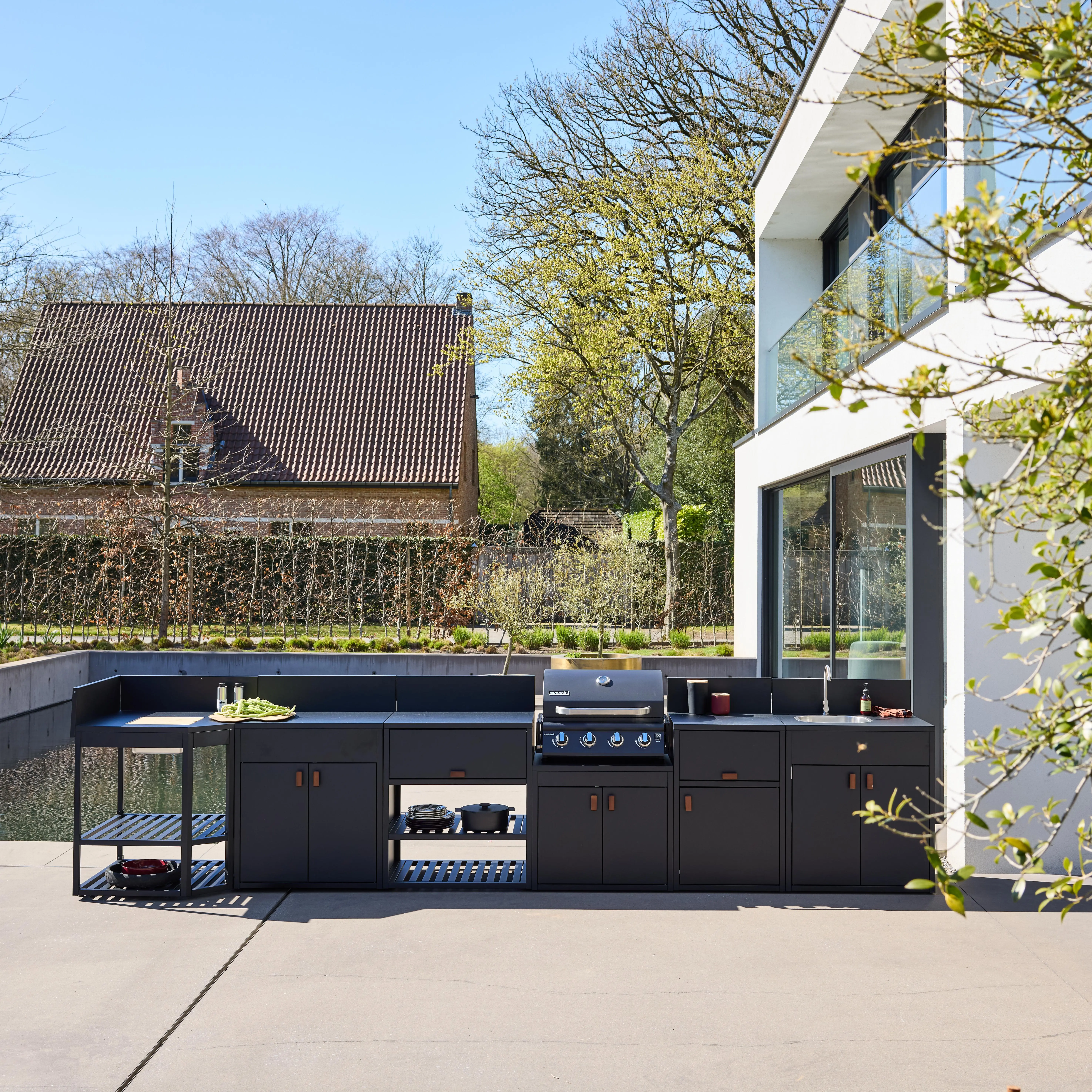 Cuisine extérieure 6 modules acier avec barbecue gaz 4 brûleurs
