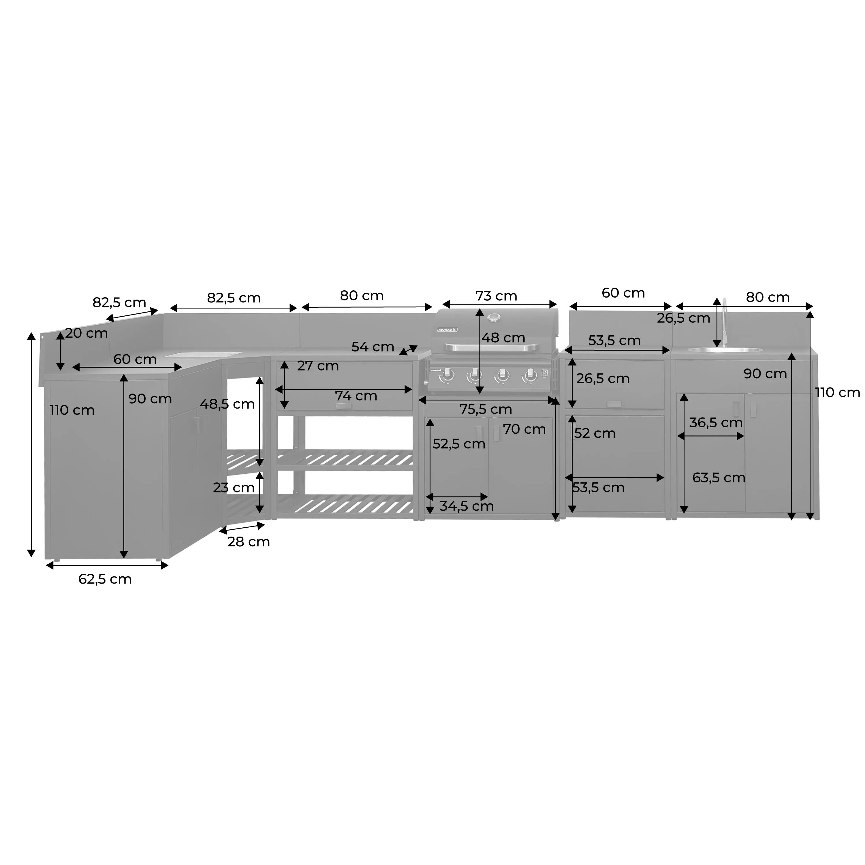 Cuisine extérieure 6 modules acier avec barbecue gaz 4 brûleurs