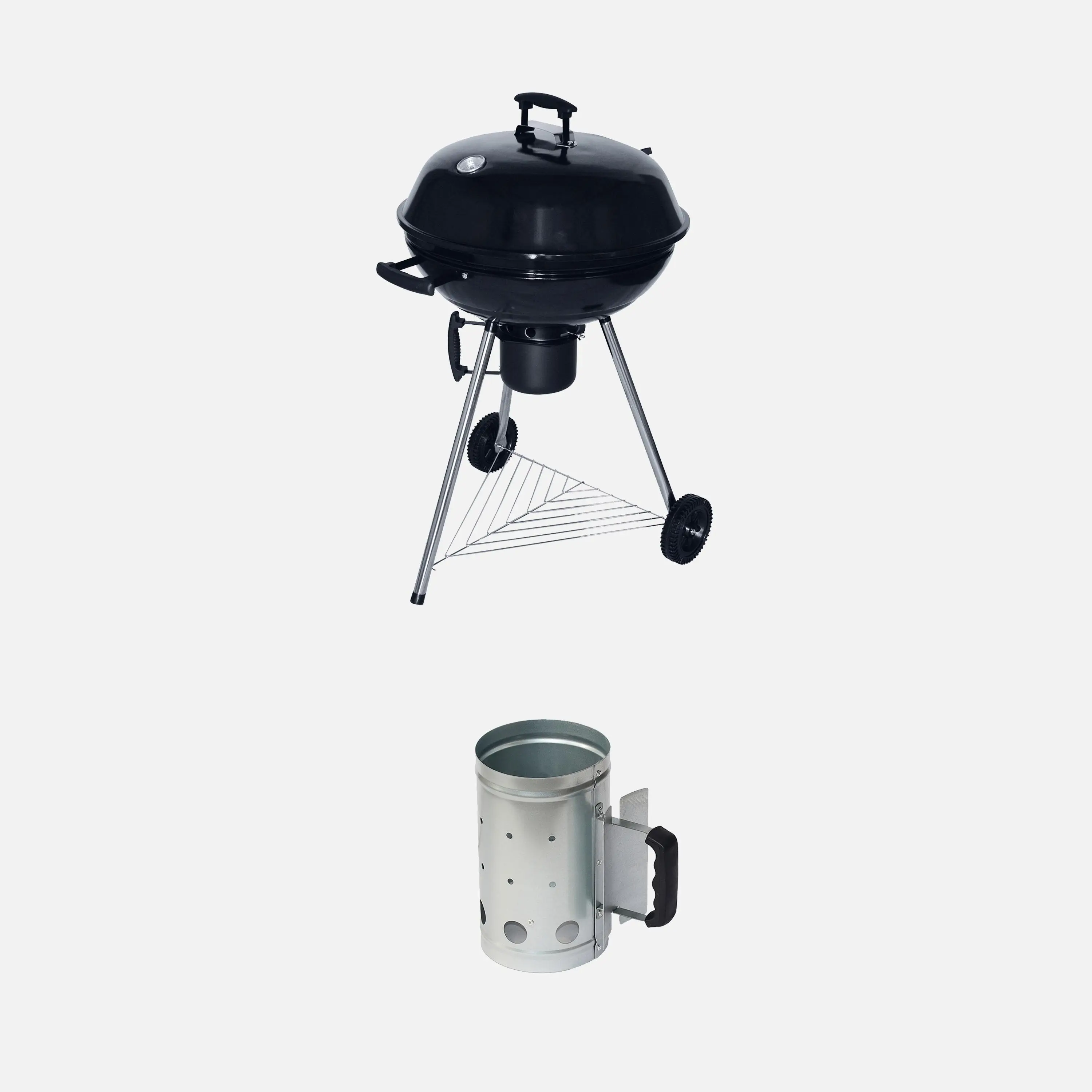 Barbecue boule charbon de bois, grill et fumoir Ø57cm avec roues et cheminée d'allumage