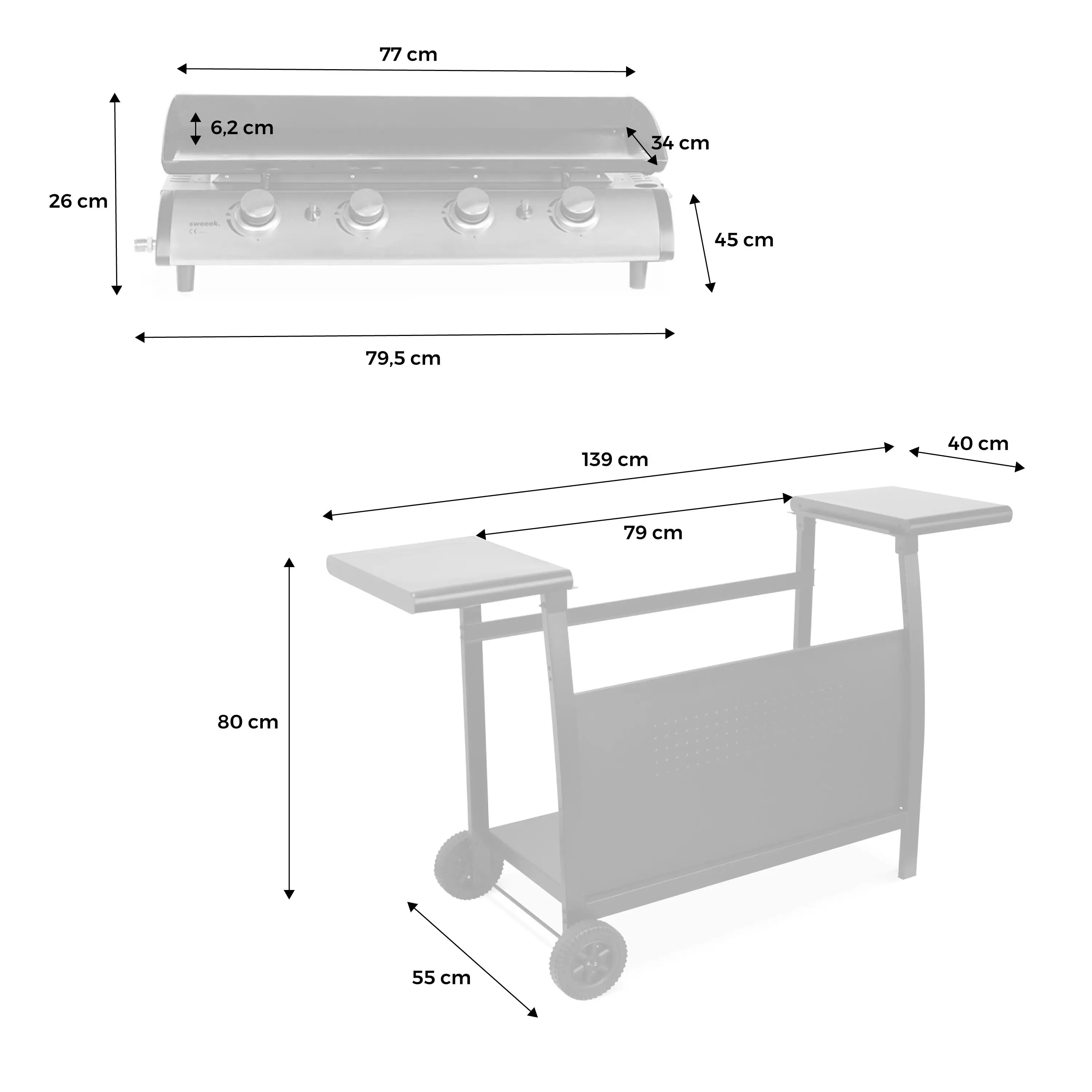 Plancha gaz 4 brûleurs inox 10kW avec chariot