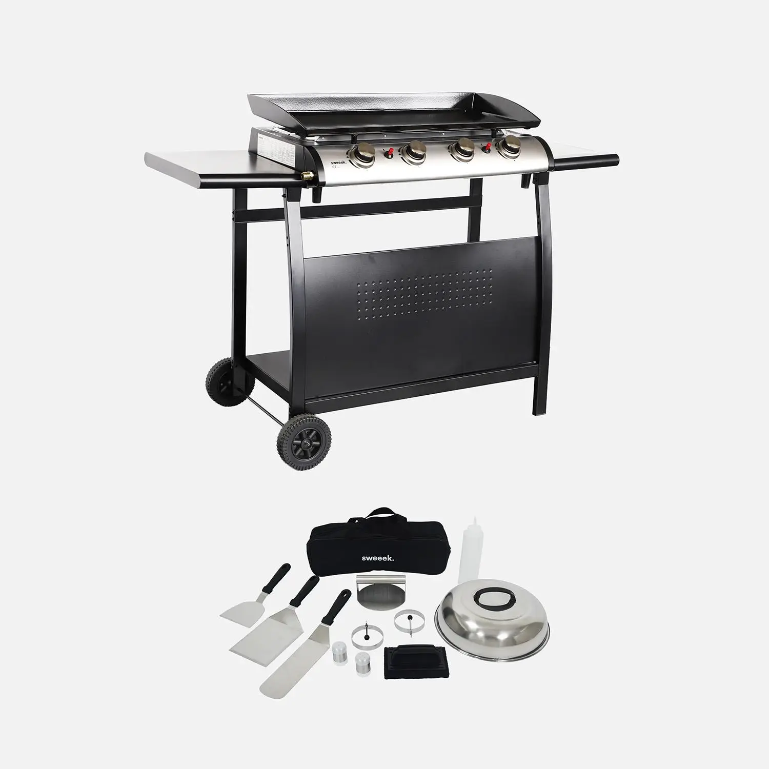 Plancha gaz 4 brûleurs inox 10kW avec chariot et ustensiles