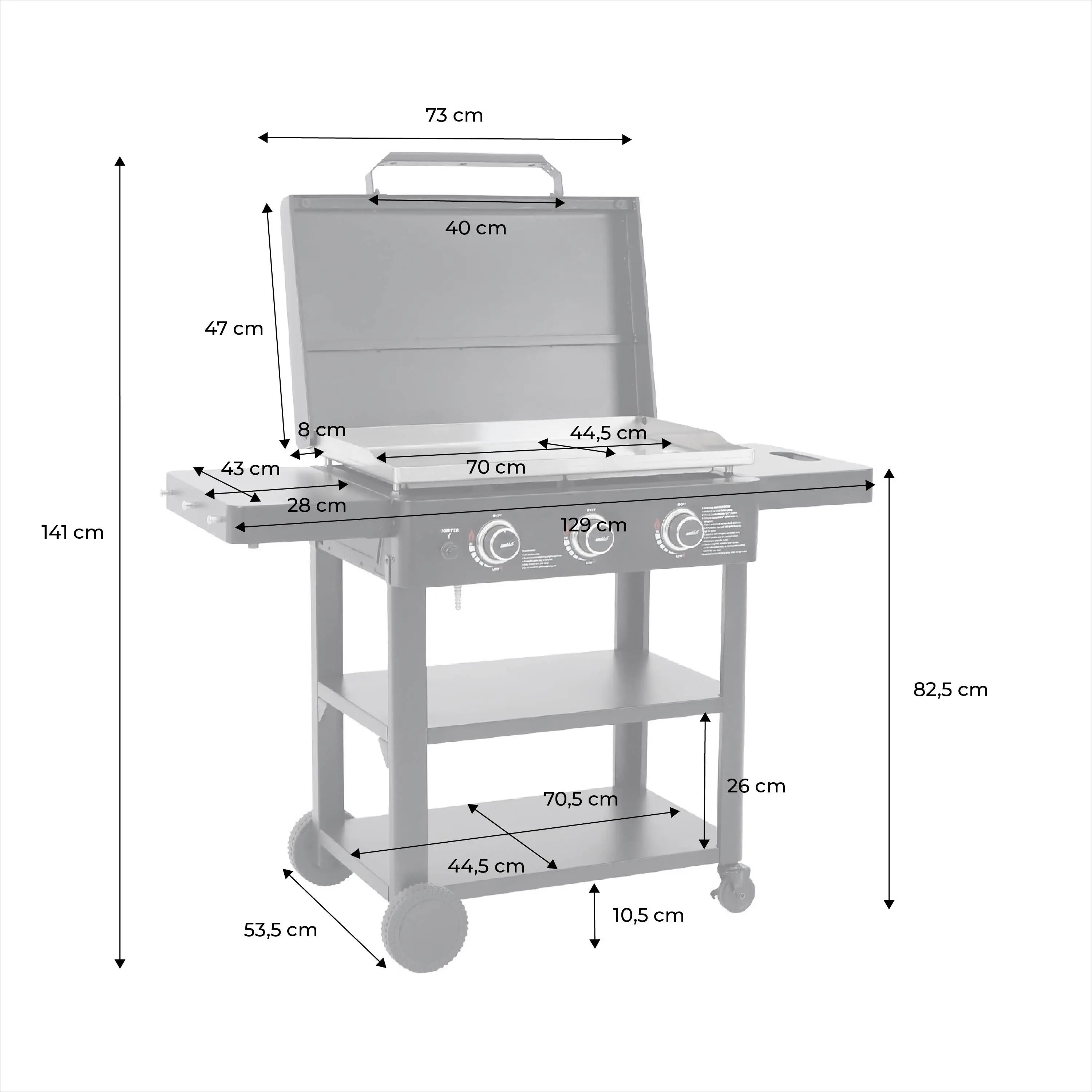 Plancha gaz 3 brûleurs acier inoxydable 12kW avec chariot et ustensiles