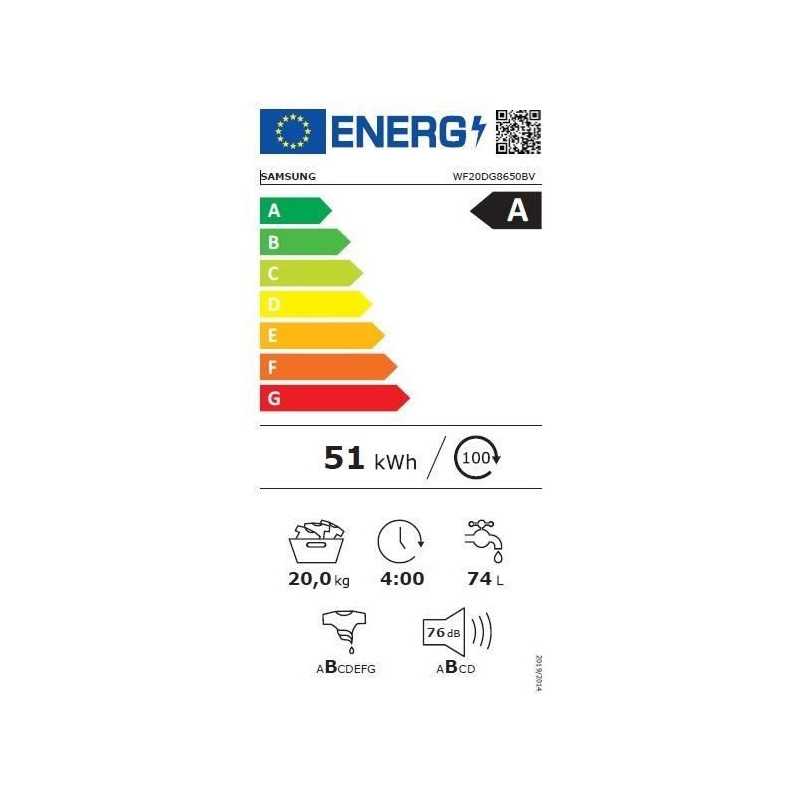 Lave-linge hublot SAMSUNG Ecobubble™ WF20DG8650BV - 20 kg - Digital Inverter - L68,6cm - 1000 trs/min - Classe A - Noir