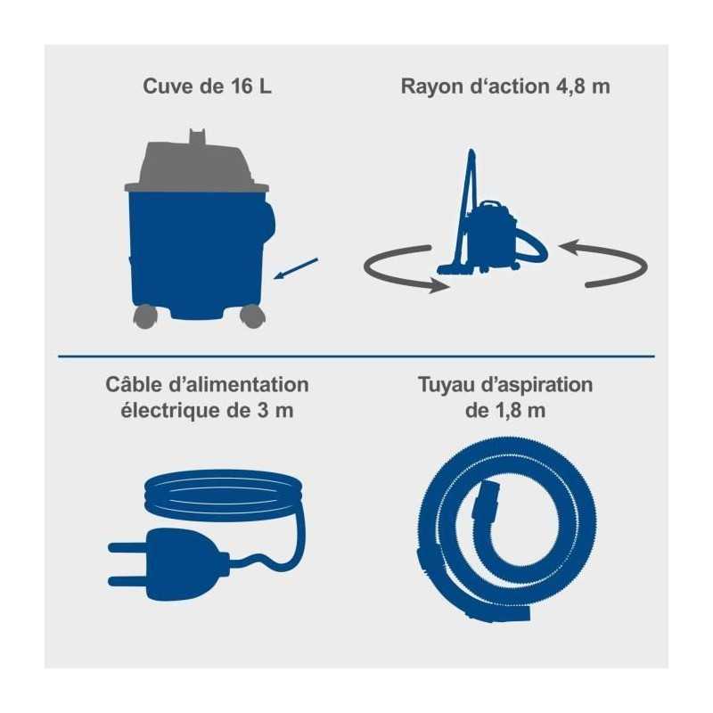 Aspirateur eau et poussiere VC16 - 1200 W - Cuve plastique 16L - SCHEPPACH