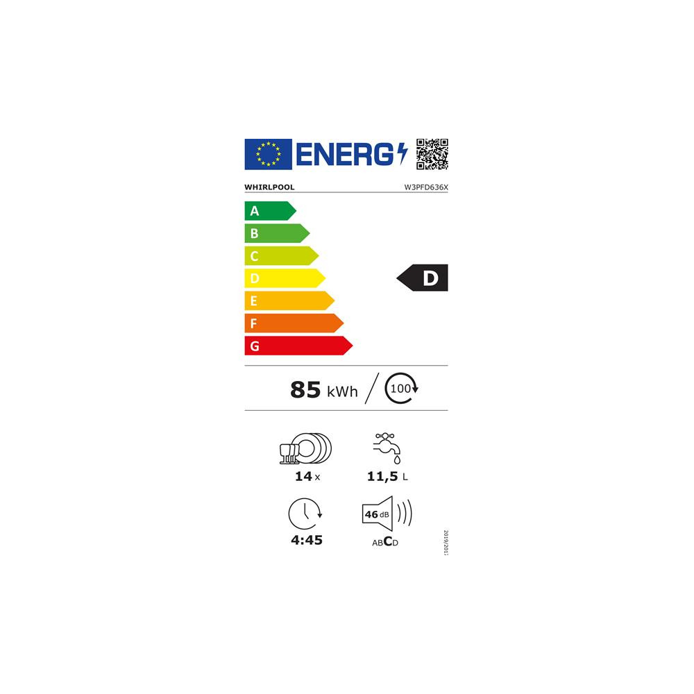 LV intégrable bandeau, 60 cm, Inox, 46dB, 11,5L, D, 14 couverts, 5 prog WHIRLPOOL - W3PFD636X