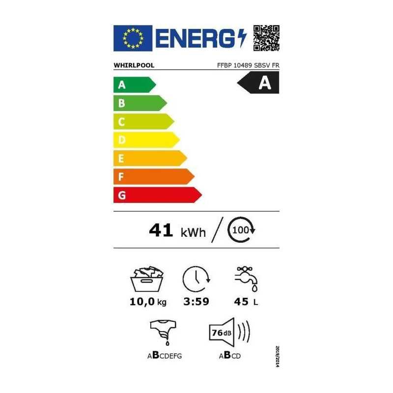 Lave-linge hublot WHIRLPOOL FFBP10489SBSVFR - 10 kg - Induction - L60cm - 1400 trs/min - Silver