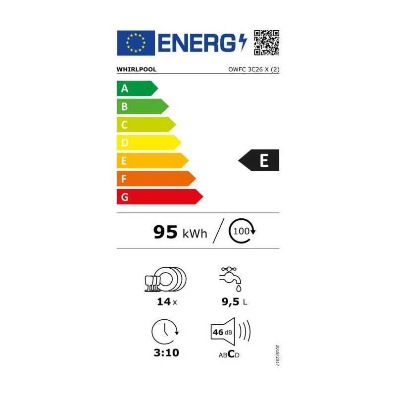 Lave-vaisselle pose libre WHIRLPOOL 14 Couverts Moteur induction 60cm E, WHIOWFC2C26X